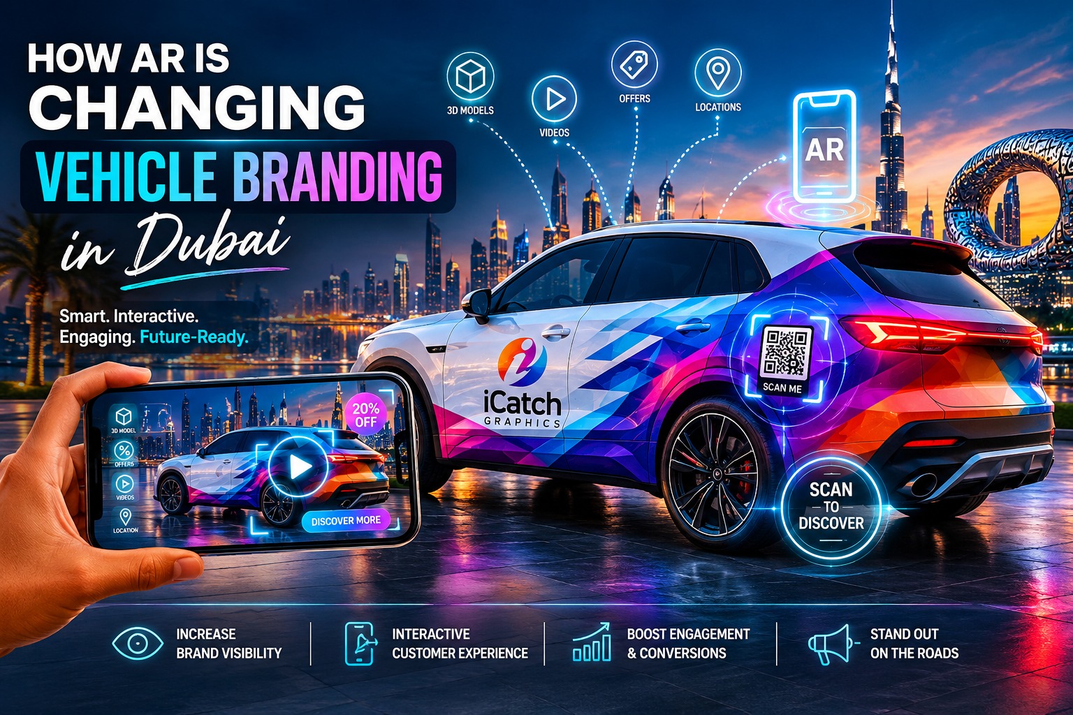 AR-powered vehicle branding in Dubai showcasing an interactive car wrap that customers can scan with